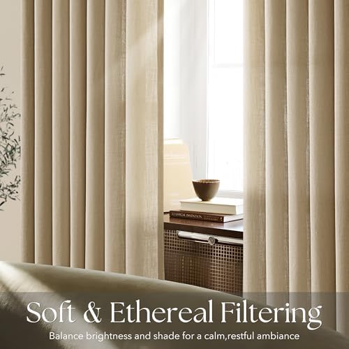 Tan Pinch Pleated Linen Curtains 84 inches Long 2 Panel Set for Living