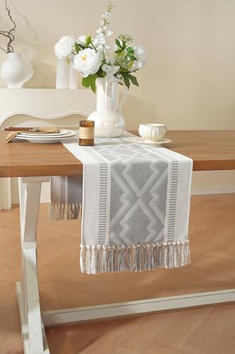 Boho Table Runner, Natural Cotton Woven Gray Runner,for Modern