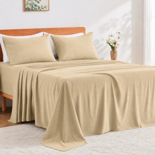 GOKOTTA 4 Piece King Size Sheet Set - Soft, Breathable & Cozy - Tan
