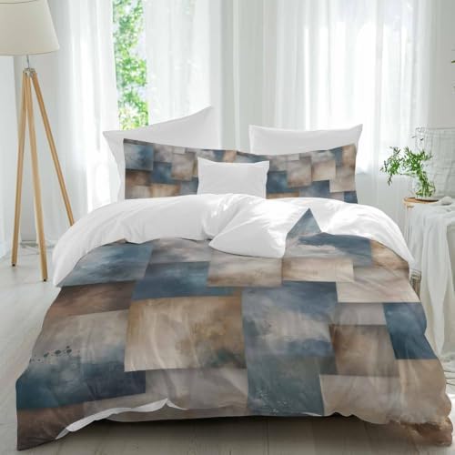 Blue Brown Geometric Duvet Cover Twin Size Bedding Set 4 Pieces, 1