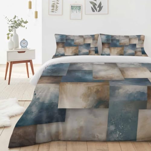 Blue Brown Geometric Duvet Cover Twin Size Bedding Set 4 Pieces, 1