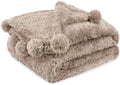 PAVILIA Soft Sherpa Twin Blanket with Pom Pom for Couch Bed, Taupe