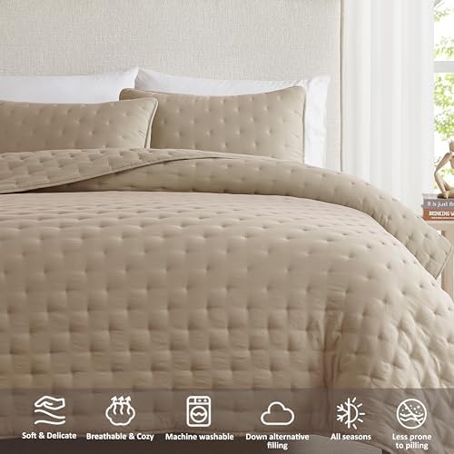 WDCOZY Beige Cloud King Size Quilt Set, Tan Lightweight Farmhouse