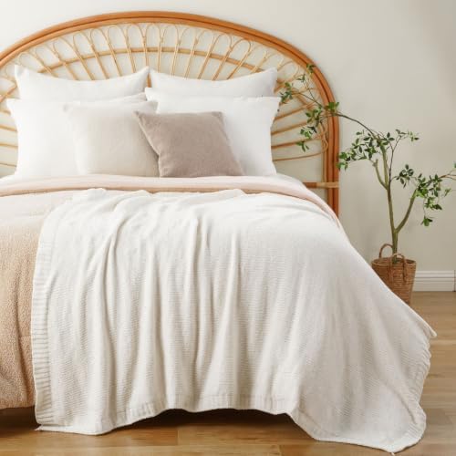 Chenille Throw Blanket for Couch, Knit Throw Blanket 51"x67", Ivory