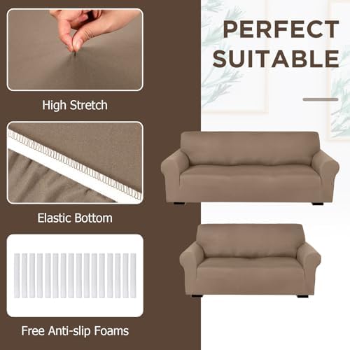 Peryiter 2 Pcs Couch and Loveseat Sofa Covers,Camel,Milk Silk