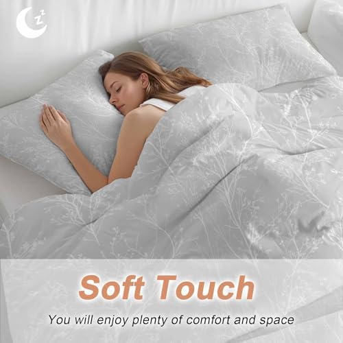 3 Piece Light Grey Botanical Duvet Cover Set Full Size, Microfiber