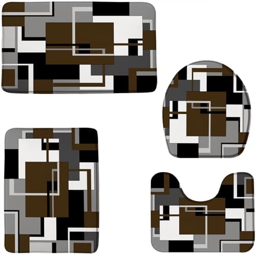4 Piece Bathroom Rugs Set Brown Bath Mat Black White Gray Geometric