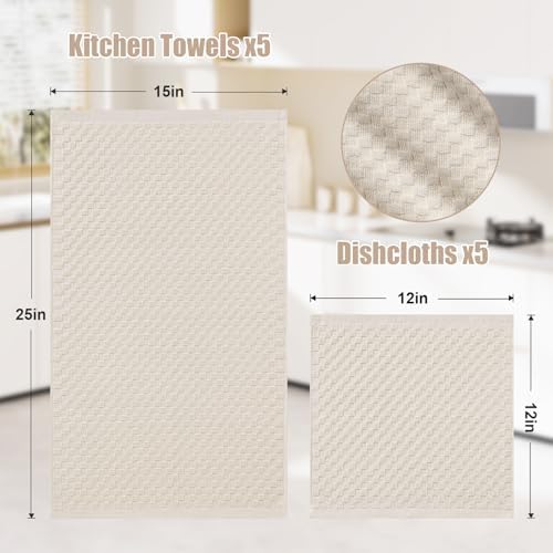 Homaxy 10 Pack 100% Cotton Kitchen Towels and Dishcloths Set, Beige