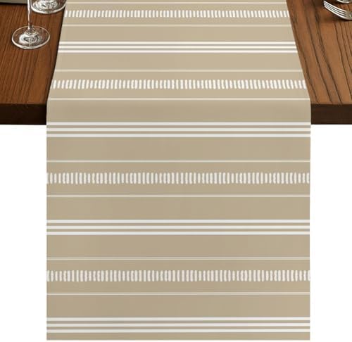 Boho Beige Table Runners 108 Inches Long, Cotton Linen Fabric Table
