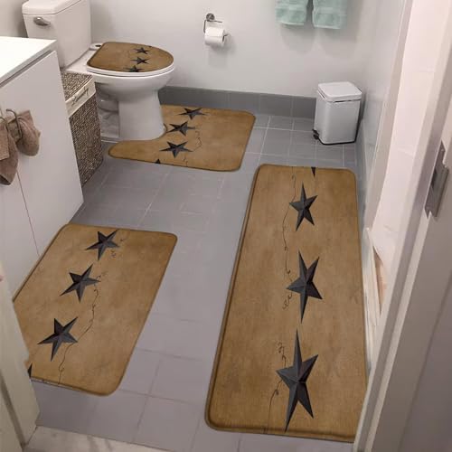 4 Pieces Bathroom Rug Sets,Rustic Primitive Rusty Star Vintage Brown