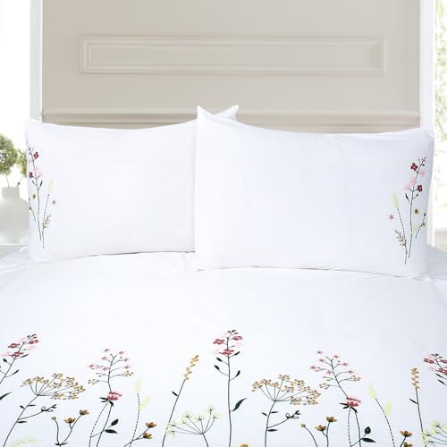 YINFUNG Cotton Duvet Cover Set White Queen Floral Embroidered Flower