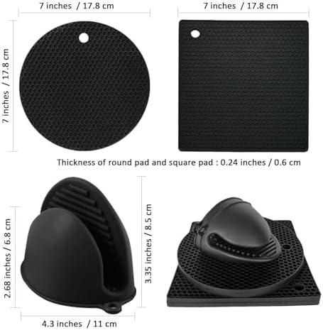 Silicone Oven Mitts and Pot Holders Sets, Hot Pads Kitchen, Black