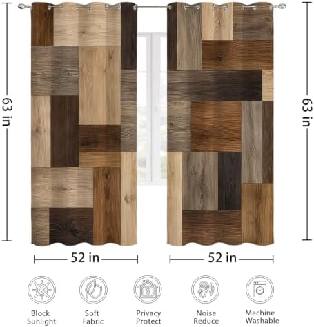 Rustic Brown Wood Patchwork Window Curtains, 2 Panel 52x63 inch