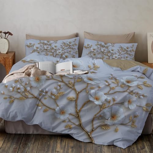 Duvet Cover Set King, 3D Minimalist Flowers and Branches Brushed