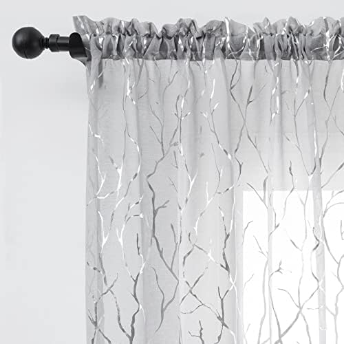 FINECITY Grey Sheer Curtains with Silver Branch W52 x L63 Inch, 2