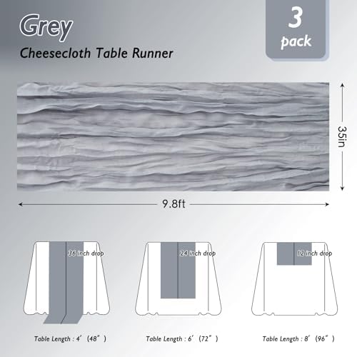 3 Pack Grey Cheesecloth Table Runner 120 Inch Boho Wedding Decor