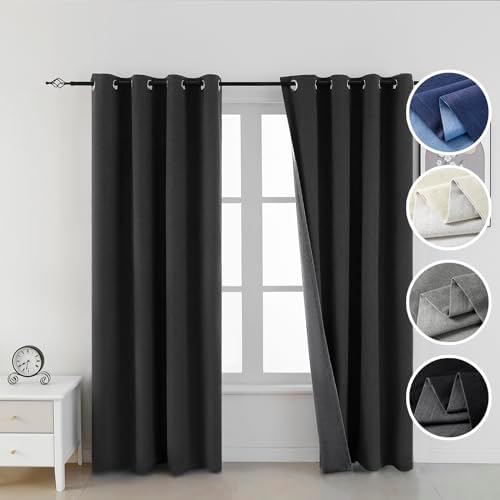 100% Black Linen Blackout Curtains for Bedroom,Black Out Curtains for