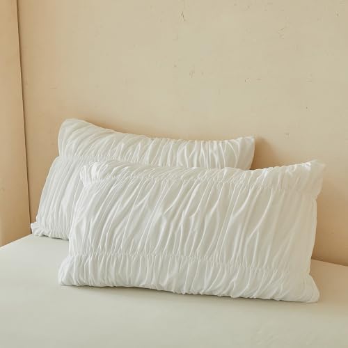 Cream Ruched Twin XL Duvet Cover, Vintage Boho Textured, Zipper & Ties