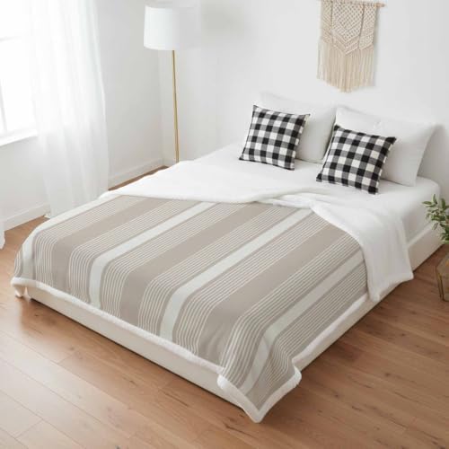 Fleece Sherpa Bed Blankets, Gray Brown Striped Microfiber Plush