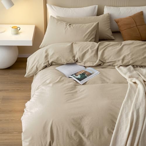JIYUAN Full Washed Cotton Duvet Cover Set, 3-Piece, Relaxed Linen Feel