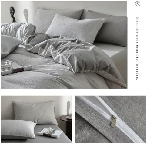 Botanical Floral Duvet Cover Set Full Washed Cotton Light Gray Bedding