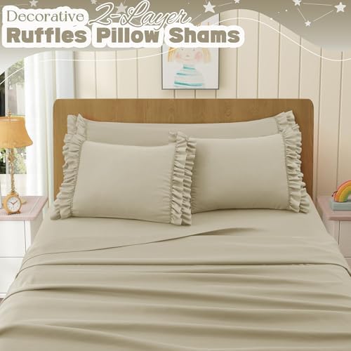 RUDONG M Ruffled Pillow Cases Set of 2, King, 20x36 Inches, Beige