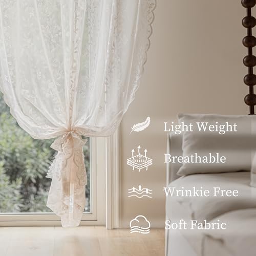 Ivory Lace Sheer Curtains 96 Inch Long 2 Panels with Floral Design