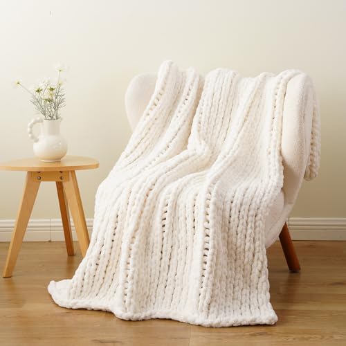 Chunky Knit Throw Blanket for Couch, White Knit Throw Blanket, 50"x60"