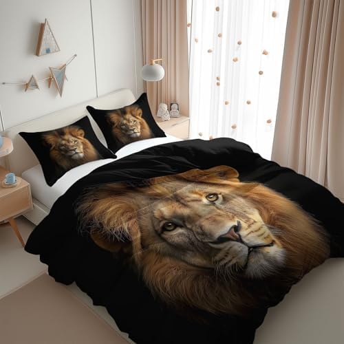 King Duvet Cover Set Photography Animal Lion Bedding with Reversible