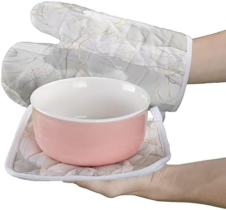 Quilted Cotton Terry Cloth Oven Mitt, Pot Holder Grey Marble Pattern