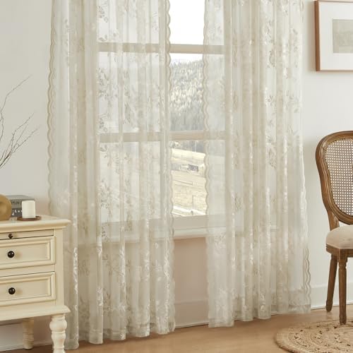 Khaki Lace Curtains 84 Inches Long 2 Panels Vintage Floral Sheer