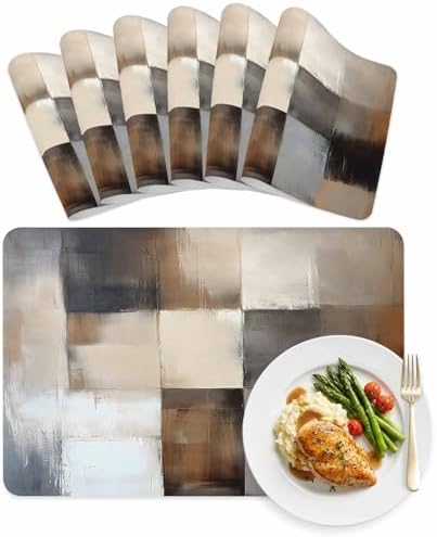 Retro Geometric Patchwork Leather Placemats Set of 6,12x18 Inch,Khaki