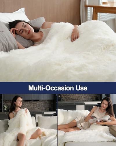Pawque Luxury Faux Fur Sherpa Fleece Throw Blanket 90x90 inches, Cream
