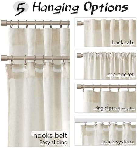 Joywell Linen Curtains 63 Inches Long for Living Room Hook Belt Cream
