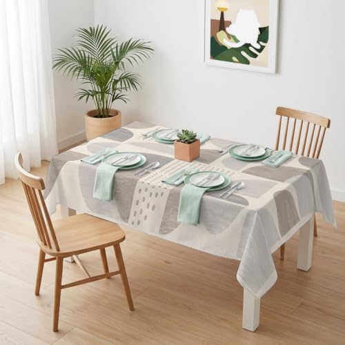 Beige Grey Ombre Geometric Table Cloth, Middle Century Vintage
