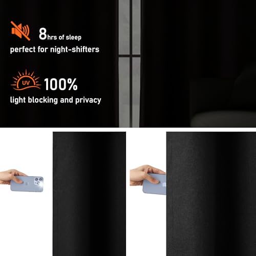 Full Blackout Black Linen Curtains 120 Inch Length 2 Panels