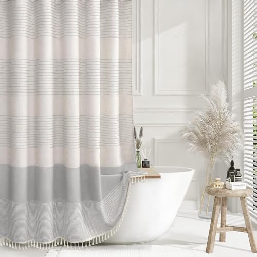 Grey Farmhouse Linen Striped Shower Curtain with Tassel 72"W X 72"L