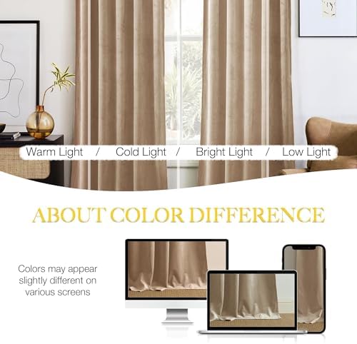 NICETOWN Thick Beige Velvet Drapes 108 inch Long Rod Pocket Curtains