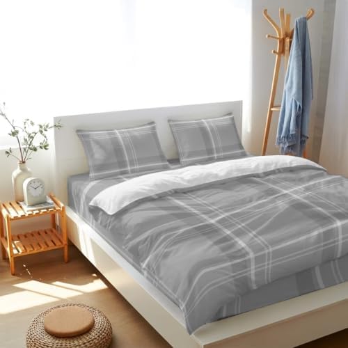 4 Piece Duvet Cover Set for Cal King Size Bed,Minimalist Gray Plaid