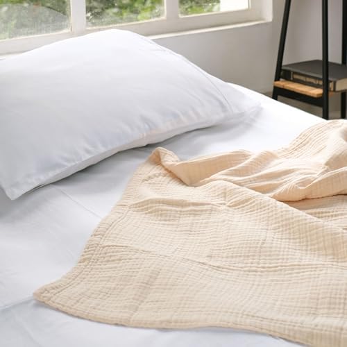 100% Cotton Gauze 50"X70" Large Throw 4 Layered Blanket- Parchment