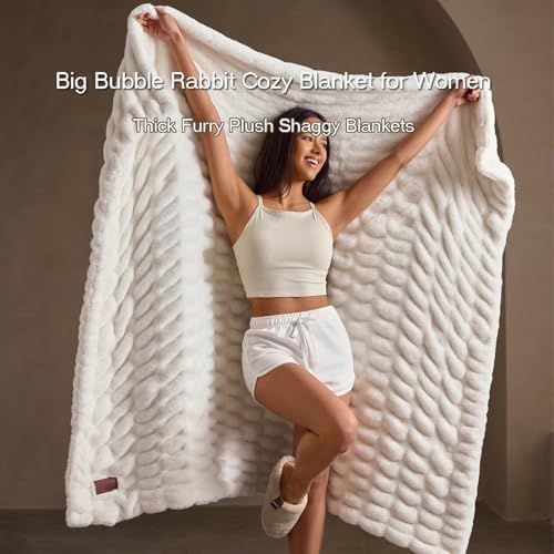 Cream Double Side Faux Fur Throw Blanket,Cozy Soft Fuzzy Fluffy Faux