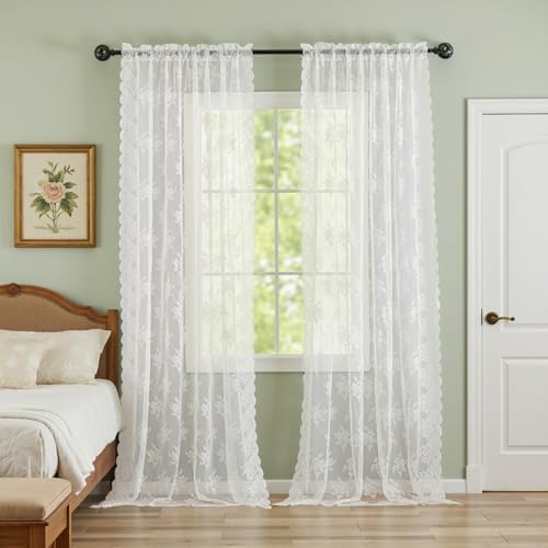 Kotile Ivory Lace Curtains for Living Room Rustic Floral 2 * 52x108