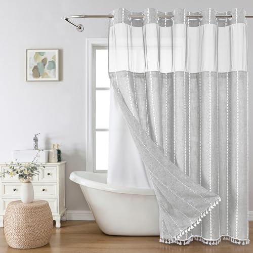eachope Grey Farmhouse No Hook Shower Curtain Set with Snap-in Fabric