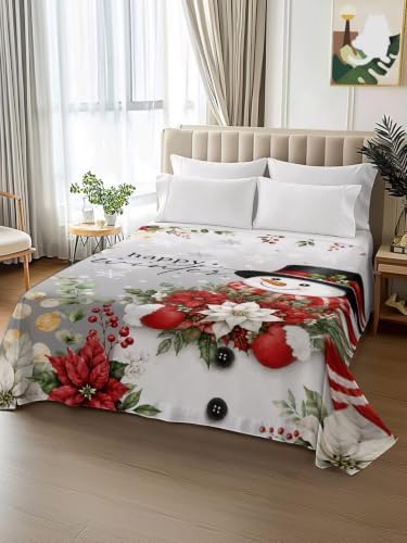Cal King Size Flat Sheet Only, Winter Snowman Xmas Poinsettia Bed Top