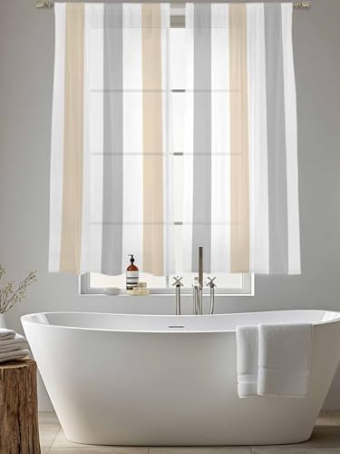 Beige Grey Stripe Sheer Curtains 72 Inches Long 2 Panels, Semi Sheer