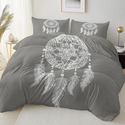 3-Piece Duvet Covers Set Full Bohemia White Dream Catcher Gray – Soft