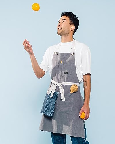 Caldo Linen Kitchen Apron for Cooking - Mens and Womens Linen Bib