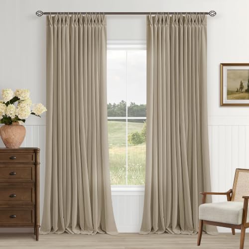 Light Brown Pinch Pleated Semi Sheer Linen Curtains 108 Inch Length