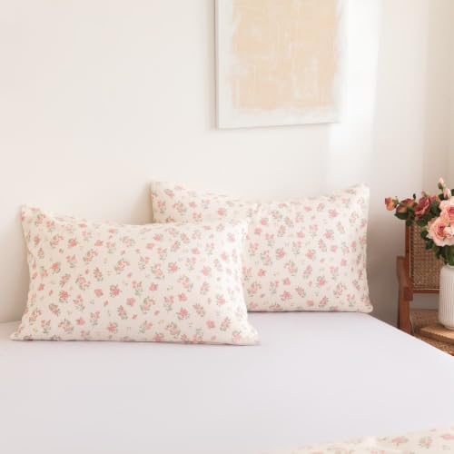 Floral Duvet Cover Set Queen Size, 3 Pieces Pink Flower and Green Leaf