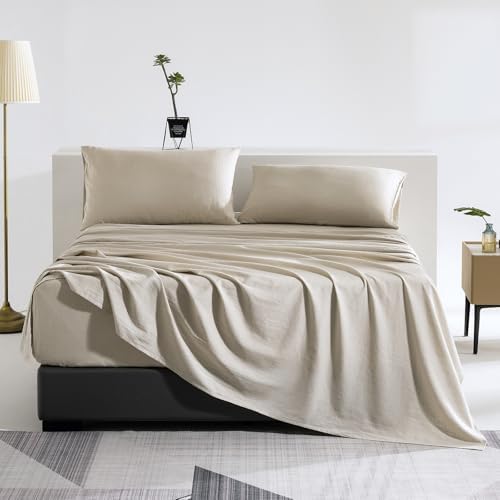TUMEI Premium French Linen Blend Flat Sheet King Size, Natural Linen